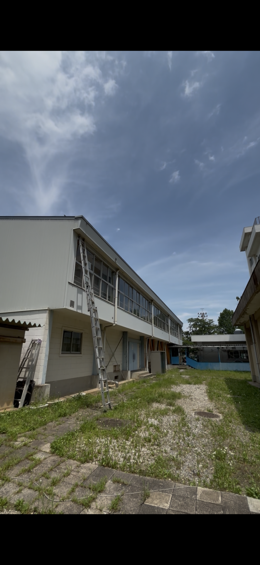 富士見小学校の体育館外観とはしごを使った作業の様子